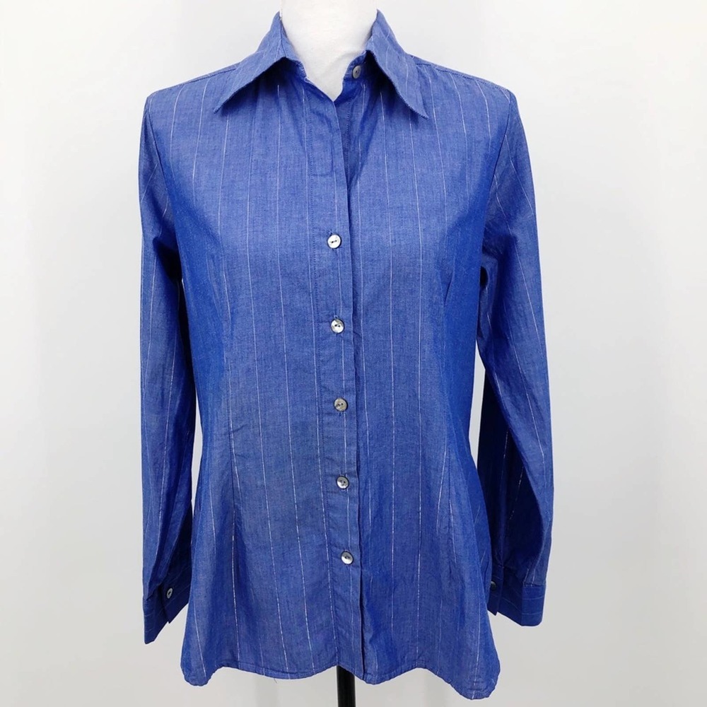 Cas Button Up Shirt Metallic Pin Stripe Blue Sz 8